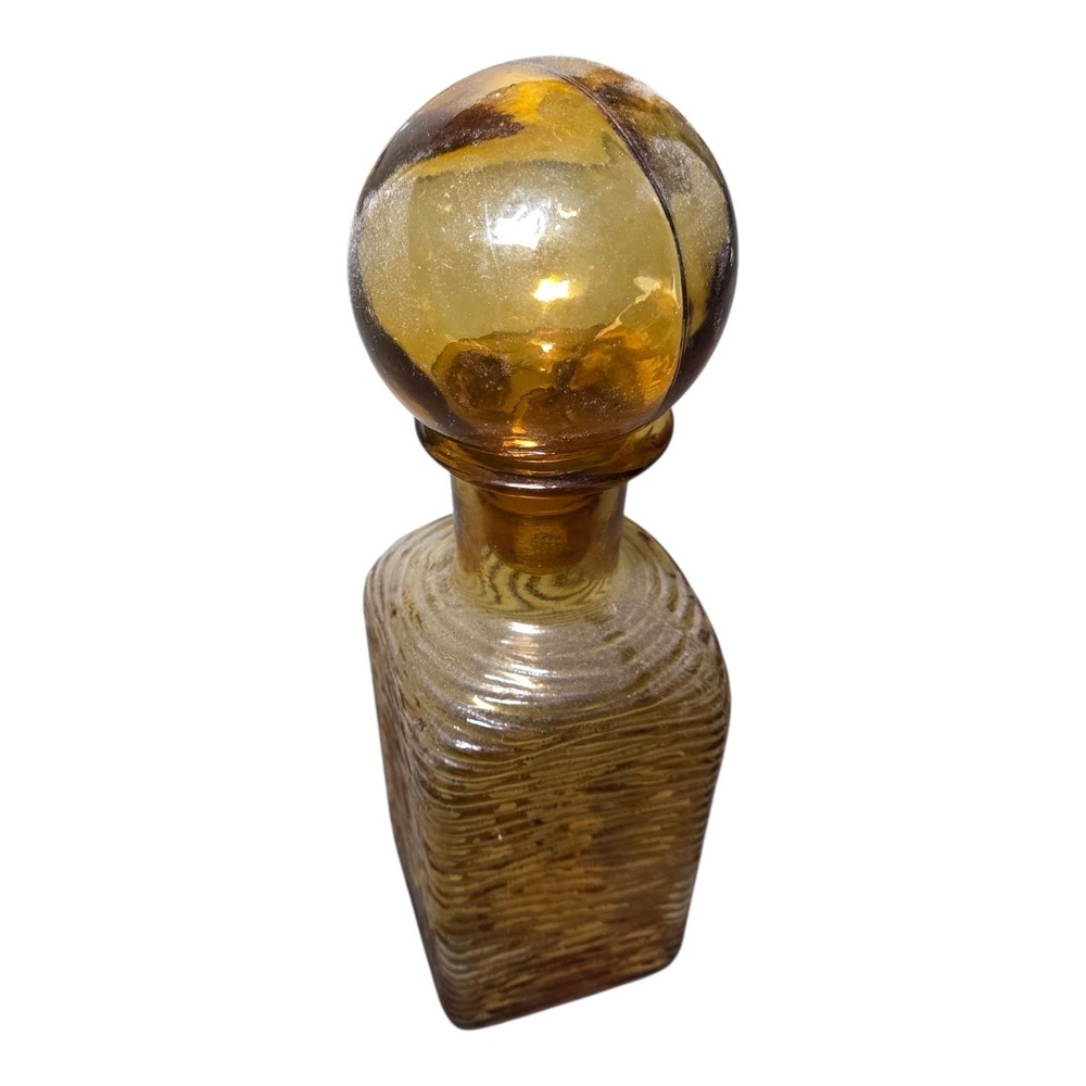 Vintage Amber Glass Decanter with Ball Stopper Ribbed Square Bottle